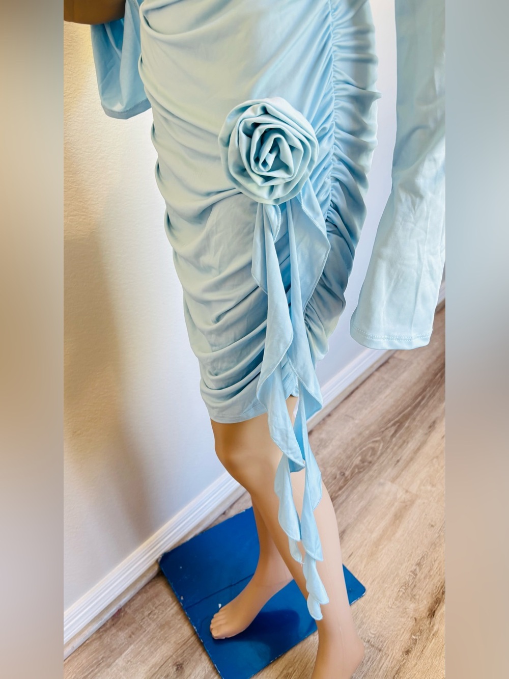 SHEIN Baby Blue One-Shoulder Ruched Mini Dress with Rosette Ruffle NWT - Picture 10 of 16